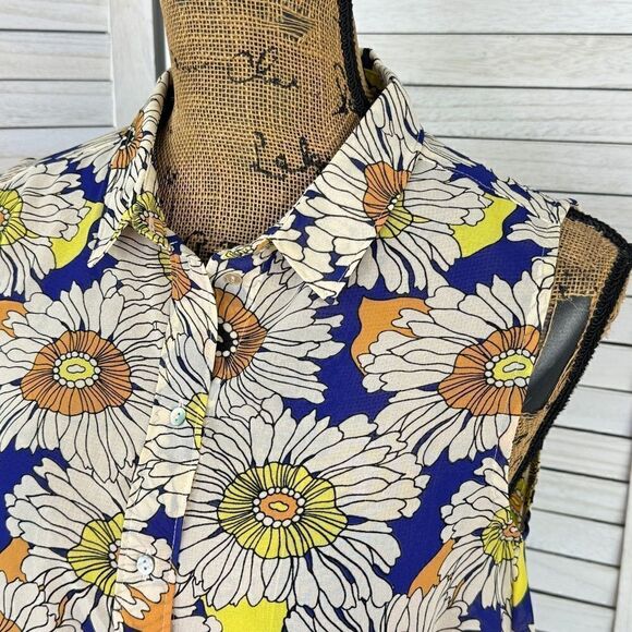 H&M Floral Chiffon Sleeveless Button Front Tunic Shirt Blue Cream Size 6 - Picture 4 of 10